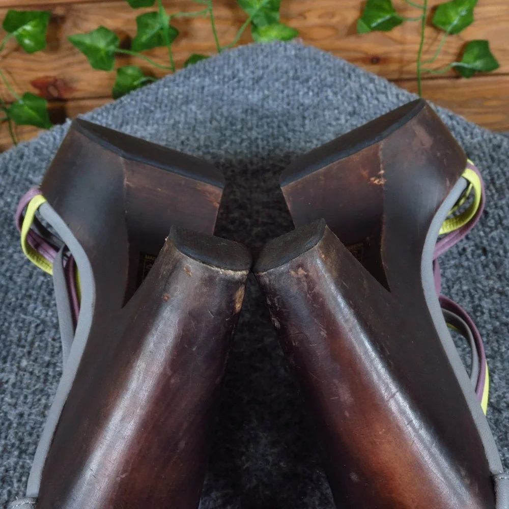 FarylRobin Women Heel‎ Size 6.5 Fashion Strappy Platform Grey Yellow Leather